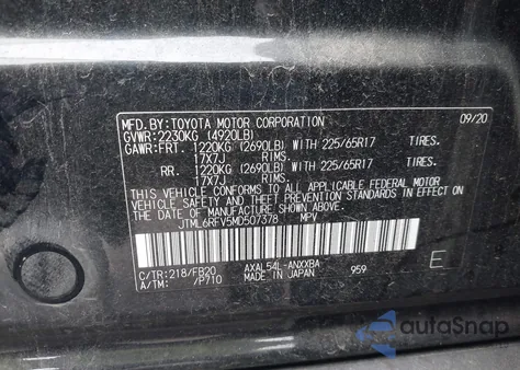 2021 Toyota Rav4 Hybrid Le z USA, uszkodzony, nr VIN JTML6RFV5MD507378